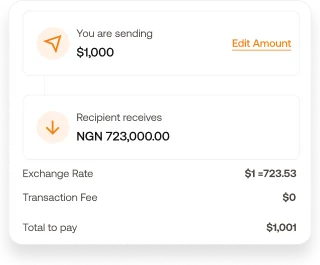 A transfer showing the exchange rate, fee and total before sending